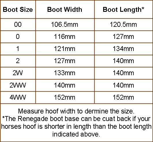 Evo Hoof Boot Size Chart